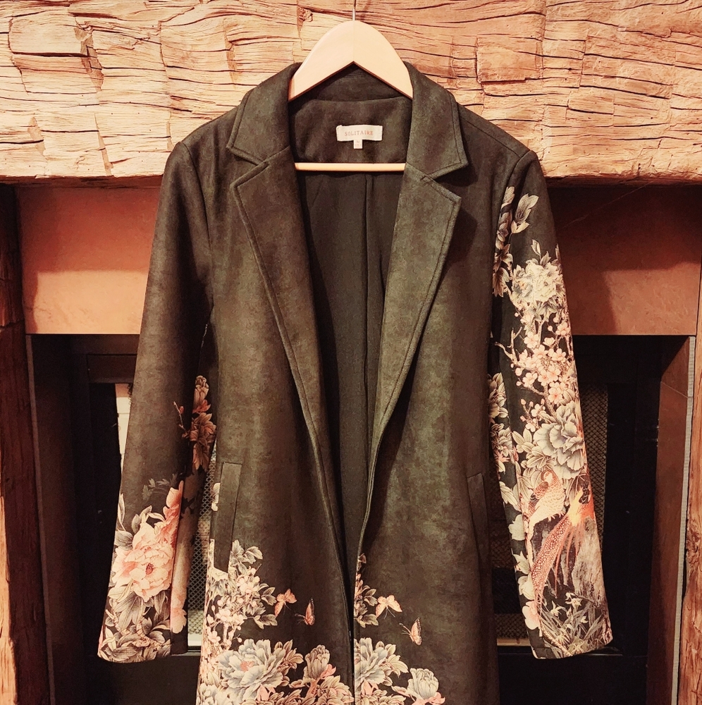 Luxurious grey/floral duster, sz M